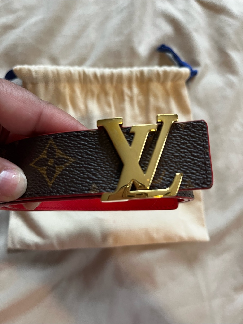 Louis Vuitton Brown Monogram Belt with Red Reversible Leather and Gold LV Buckle